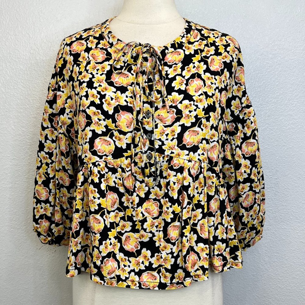 Free People We the free Highlander Floral Printed Pullover Top Black Boho Sz‎ XS